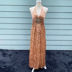 Sky brand heart pattern metal embellished Halter maxi dress